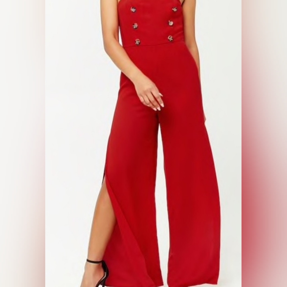 Forever 21 Red Wide-Leg Strapless Jumpsuit with Button Detail Size 2x